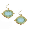 Intaglio bee dangle earrings with light blue and green glass, gold-tone setting.
