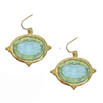 Intaglio bee dangle earrings with light blue and green glass, gold-tone setting.
