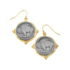 Gold & silver Buffalo nickel dangle earrings, featuring vintage coin design.

