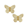 Gold butterfly stud earrings; delicate, detailed design.
