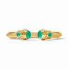 Gold Cabochon Demi Cuff bracelet with green gemstones.

