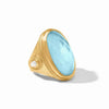Cannes Statement Ring: Gold statement ring with light blue aquamarine and pearl accents.
