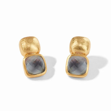 Gold and gray stone double-drop earrings.
