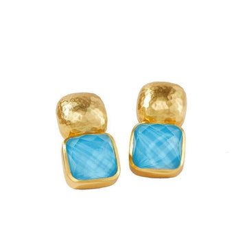 Gold and turquoise statement earrings;  faceted blue stone accents.
