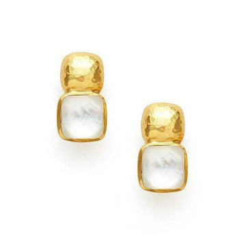 Gold and mother-of-pearl square earrings; textured metal, elegant design.
