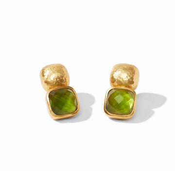 Gold and olive green statement earrings; square-cut stone accents.
