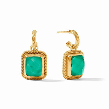 Cheval Hoop & Charm Earrings: Gold-plated hoops with emerald green gemstone accents.

