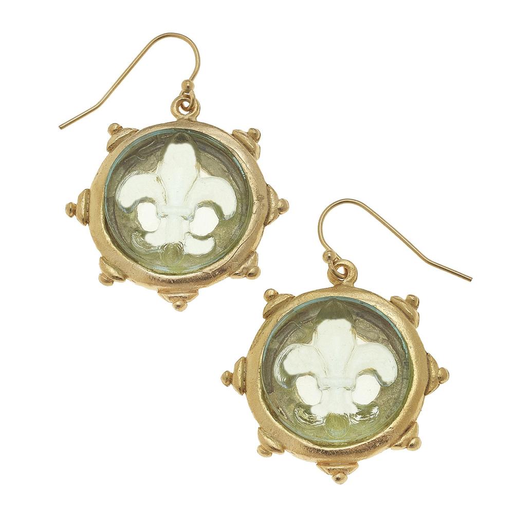 Clear Venetian Glass Fleur De Lis Earrings-Susan Shaw-Swag Designer Jewelry