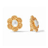 Colette Clip Earrings: Gold flower-shaped clip earrings with mother-of-pearl center.
