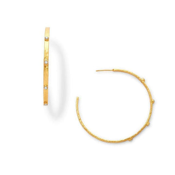 Gold hoop earrings with small pearl accents, shown against a white background.
