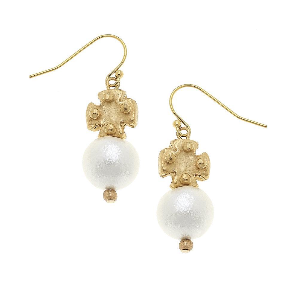 Gold cross and pearl dangle earrings
