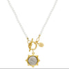 Dove Coin Pearl Toggle Necklace: Gold coin pendant, white pearl chain, toggle clasp.
