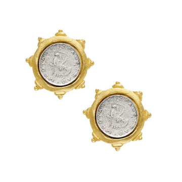 Dove Coin Studs: Gold-plated, silver coin earrings featuring a unique sunburst design.
