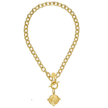 Gold toggle necklace with textured chain and ornate pendant.
