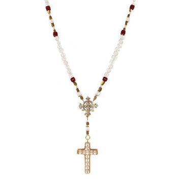 Gold cross necklace with white and burgundy beads.
