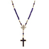 East Meets West Rosary: Beaded necklace with purple and white accents, gold cross pendant.
