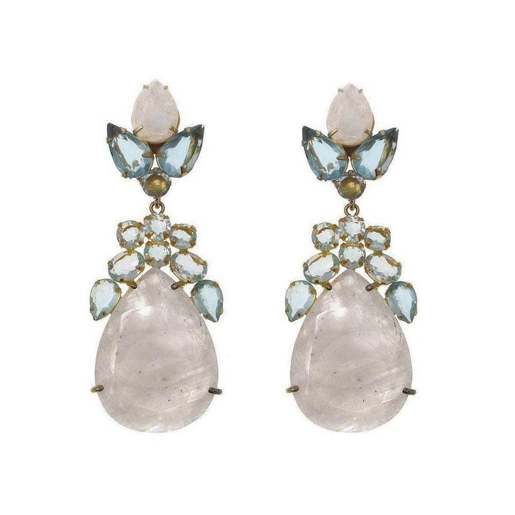Faceted Moonstone and Blue Quartz statement earrings; pear-shaped moonstone drops adorned with blue quartz and gold accents.
