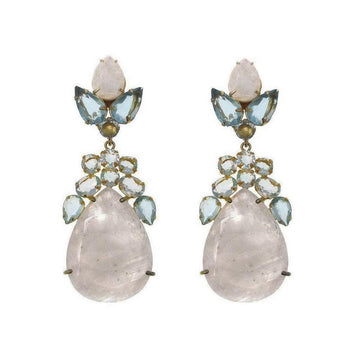 Faceted Moonstone and Blue Quartz statement earrings; pear-shaped moonstone drops adorned with blue quartz and gold accents.
