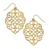 Gold filigree dangle earrings with intricate floral design.
