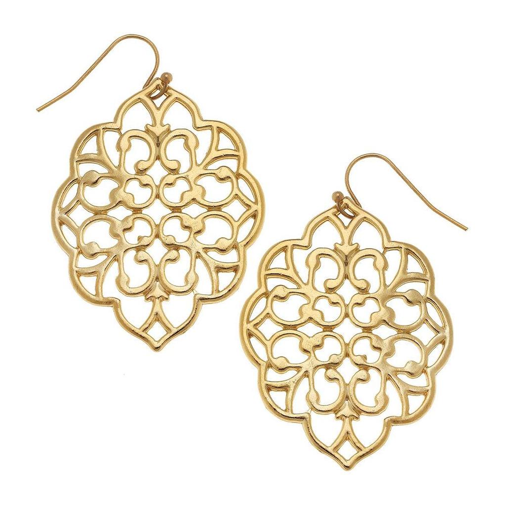 Gold filigree dangle earrings with intricate floral design.
