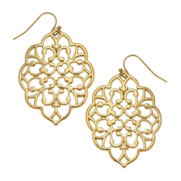 Gold filigree dangle earrings with intricate floral design.
