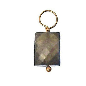 Dark gray gemstone pendant with gold accents; rectangular stone.
