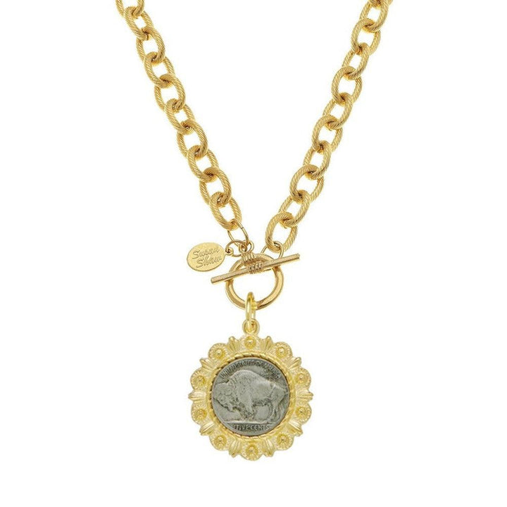 Genuine Buffalo Nickel on 24kt Gold Plated Necklace-Susan Shaw-Swag Designer Jewelry