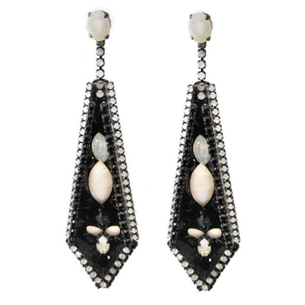 Black and white opal drop earrings with rhinestone accents.
