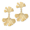 Gold Ginkgo leaf earrings; double-layered statement design.
