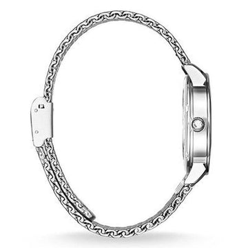 Silver watch with chain link bracelet, shown from the side.
