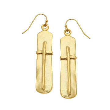 Gold bar earrings featuring a textured cross design.
