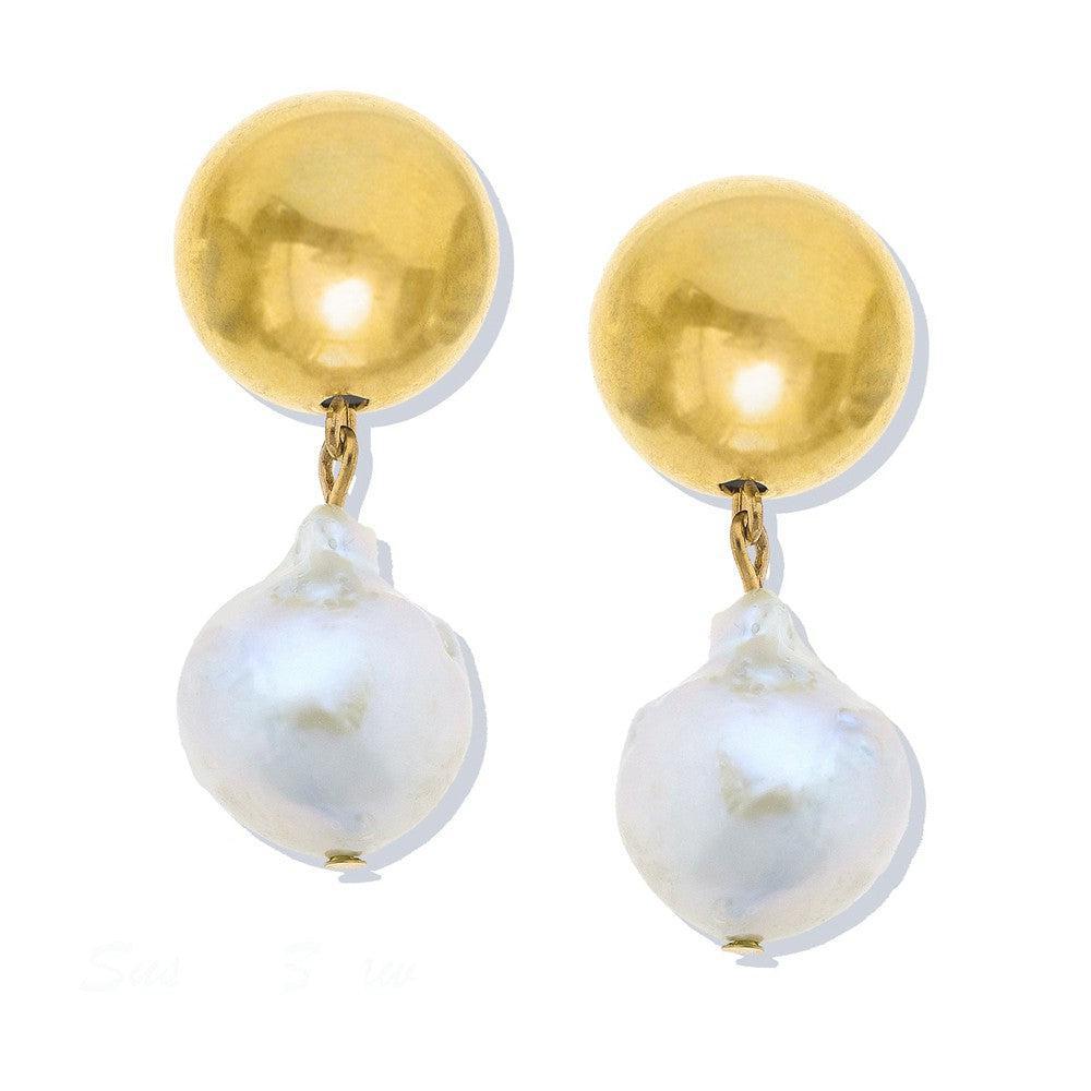 Gold Bead with Pearl Dangle Earrings-Susan Shaw-Swag Designer Jewelry