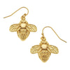 Gold Bee dangle earrings, gold-tone metal, bee design.
