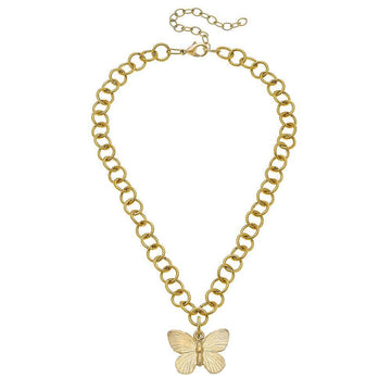 Gold butterfly pendant necklace with textured link chain
