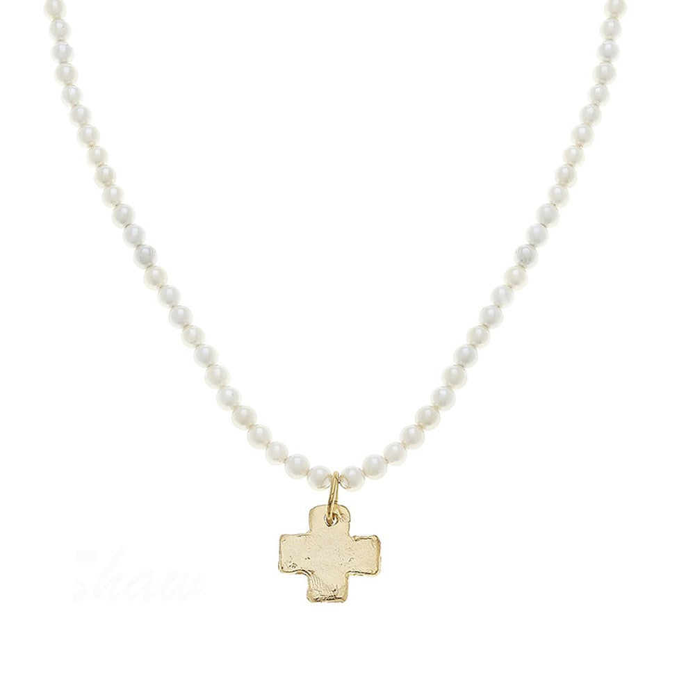 Gold Cross on Pearl Strand-Susan Shaw-Swag Designer Jewelry