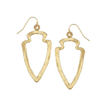 Gold cut-out arrowhead earrings; textured, hammered gold finish.
