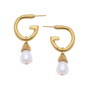 Gold hoop earrings with dangling pearl accents
