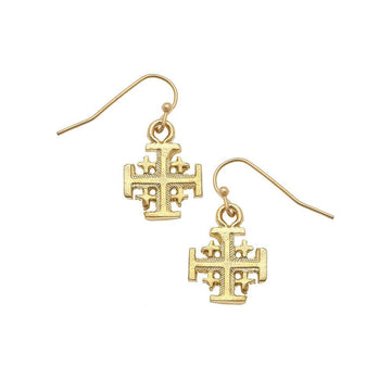 Gold Multi Cross Wire Earrings: Elegant gold Jerusalem cross dangle earrings.

