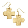 Gold hammered cross dangle earrings with textured finish
