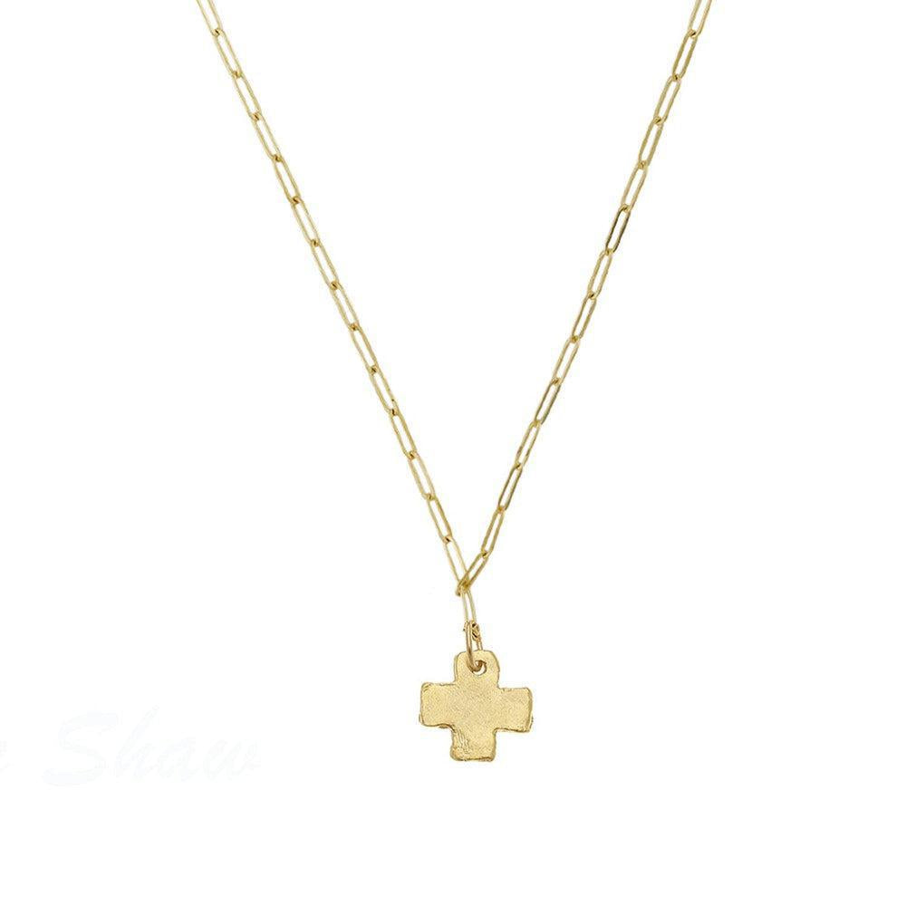 Gold hammered cross pendant necklace with paperclip chain
