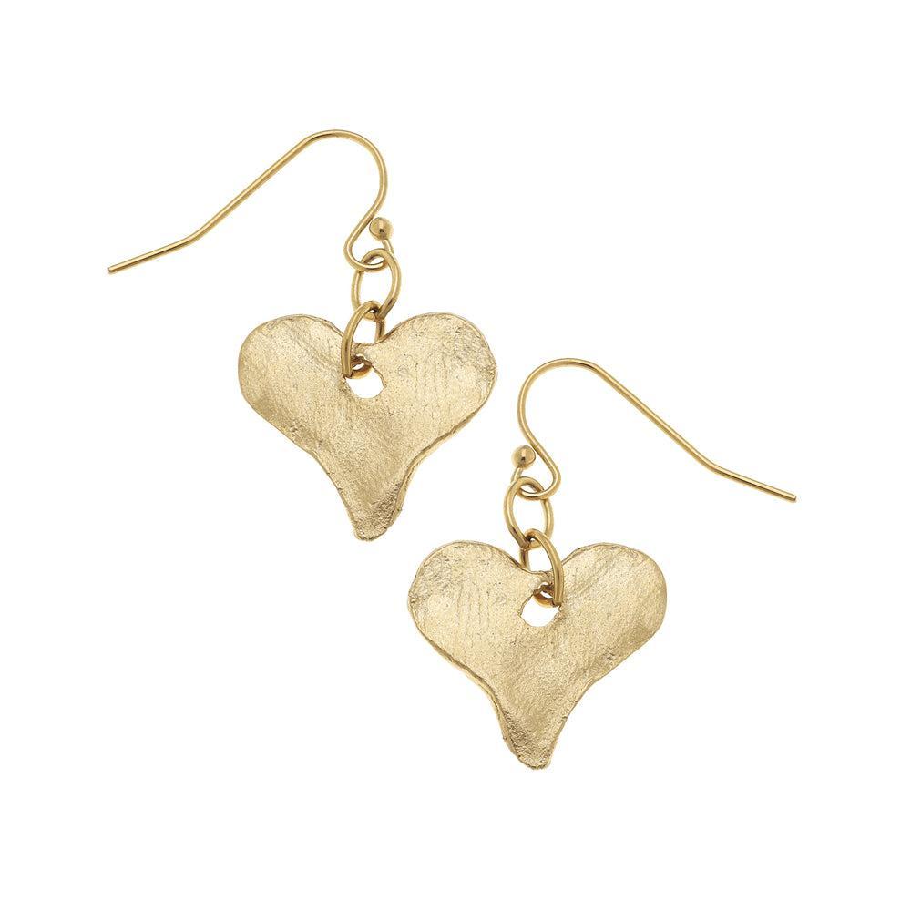 Gold Hammered Heart dangle earrings with textured finish.
