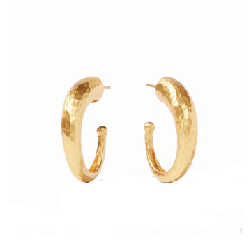Gold Hammered Hoops earrings; textured, curved design.
