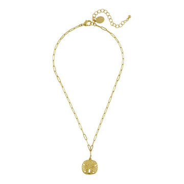 Gold sand dollar pendant necklace with delicate chain.

