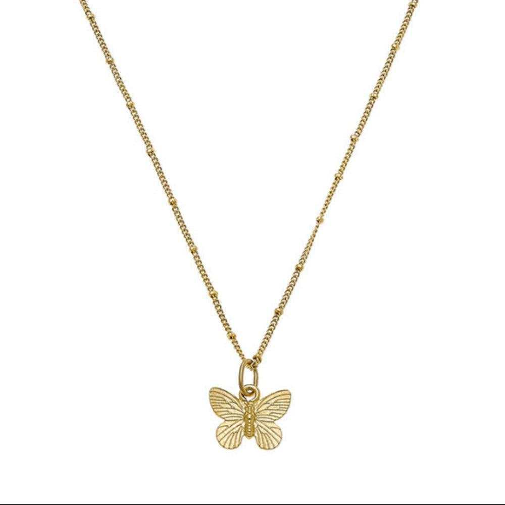 Gold handcast butterfly pendant necklace with beaded chain
