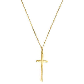 Handcast elongated gold cross necklace with beaded chain.
