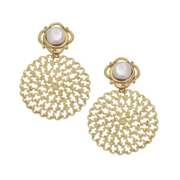 Handcast gold filigree earrings with genuine coin pearls; elegant statement jewelry.
