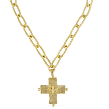 Handcast gold Jerusalem cross chain necklace with textured details.
