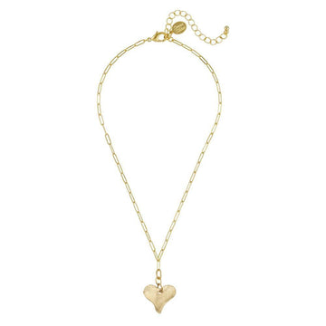 Gold heart pendant necklace with a delicate paperclip chain.
