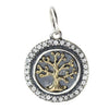 Hearts Content Tree of Life pendant:  round, silver & gold, features a detailed tree design, accented with sparkling crystals.
