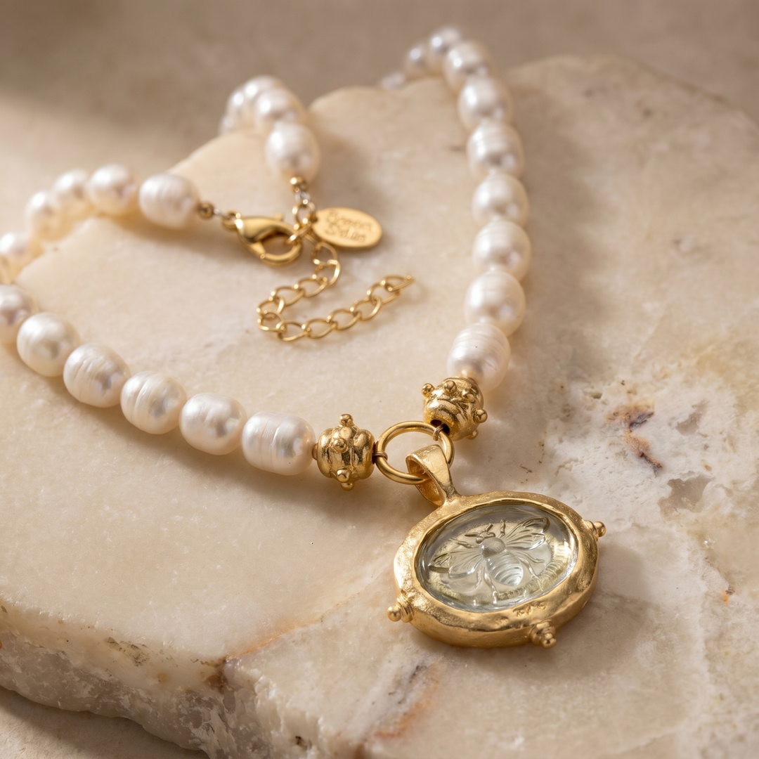Venetian Glass Bee Intaglio on Pearls